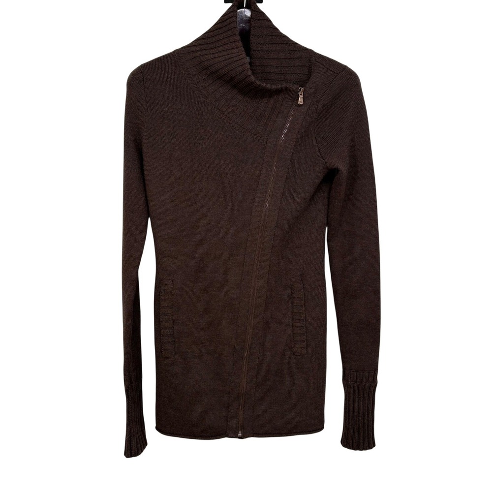 Athleta Chill Factor Brown Wool Blend Asymmetrical Zip Funnel Neck Sweater S